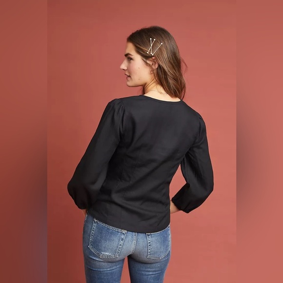 Maeve Anthropologie Becca Linen Blend Square Neck Puff Sleeve Blouse - Picture 3 of 11